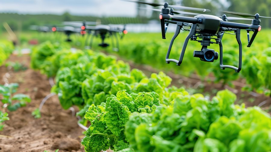 Mehrere Drohnen fliegen über eine Feld.